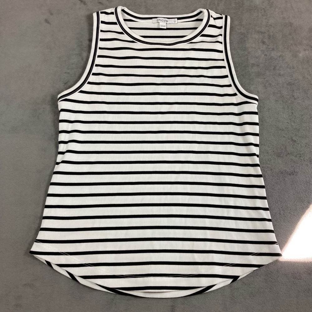 Chicos Ribbed Knit Tank Top Size 1 Medium Black White Striped Sleeveless Shell